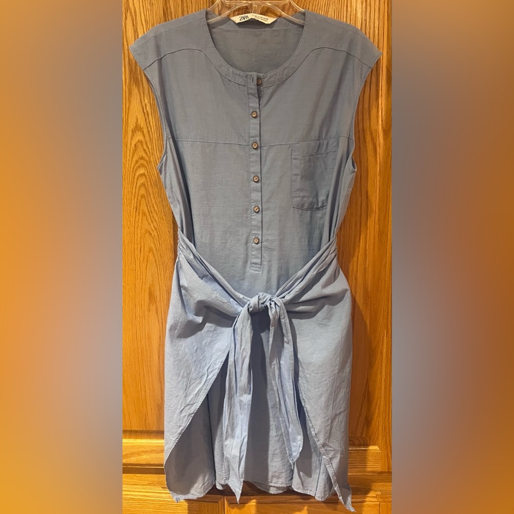 ZARA Knotted Tie Front Sleeveless Shirt Dress Tunic Light Blue Size XS - Picture 6 of 14